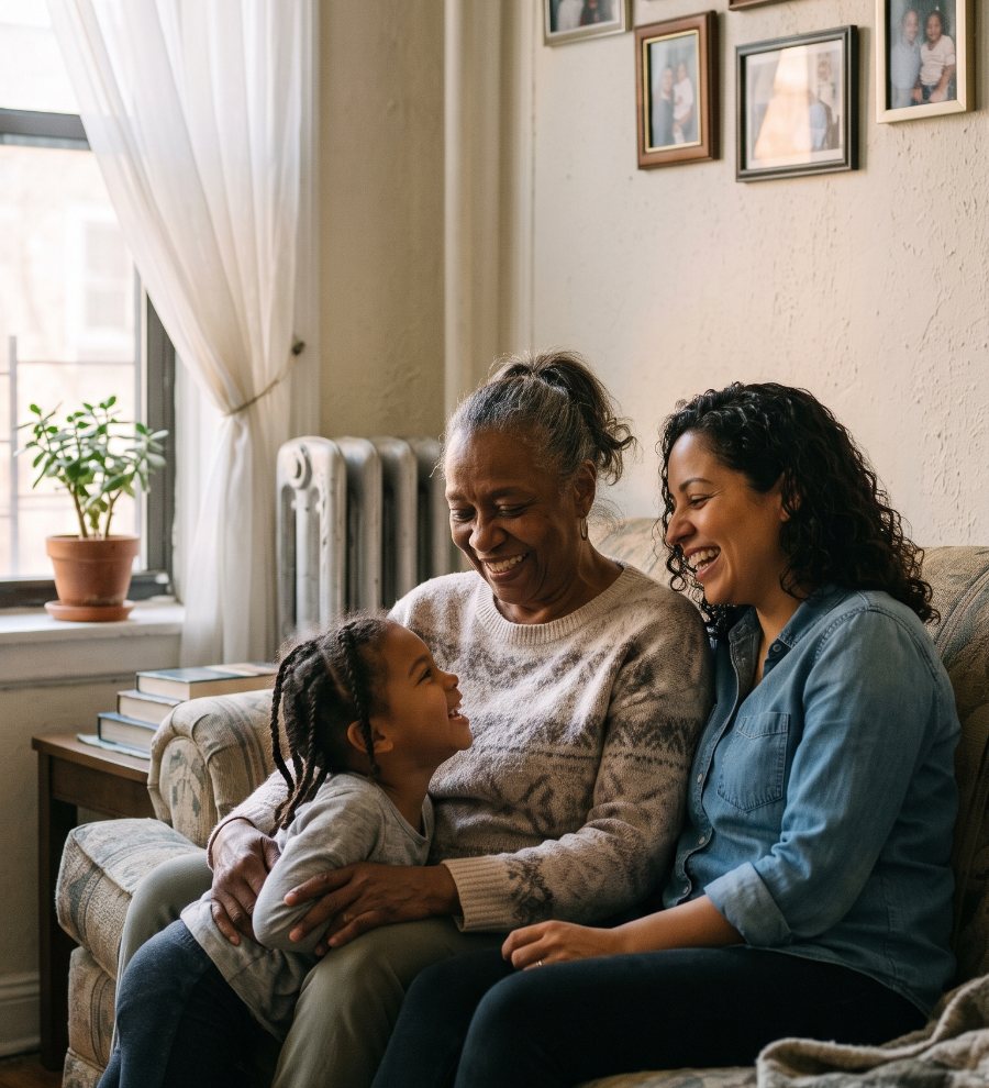 Three generations of a family laughing together on a sofa in a sunlit New York City apartment