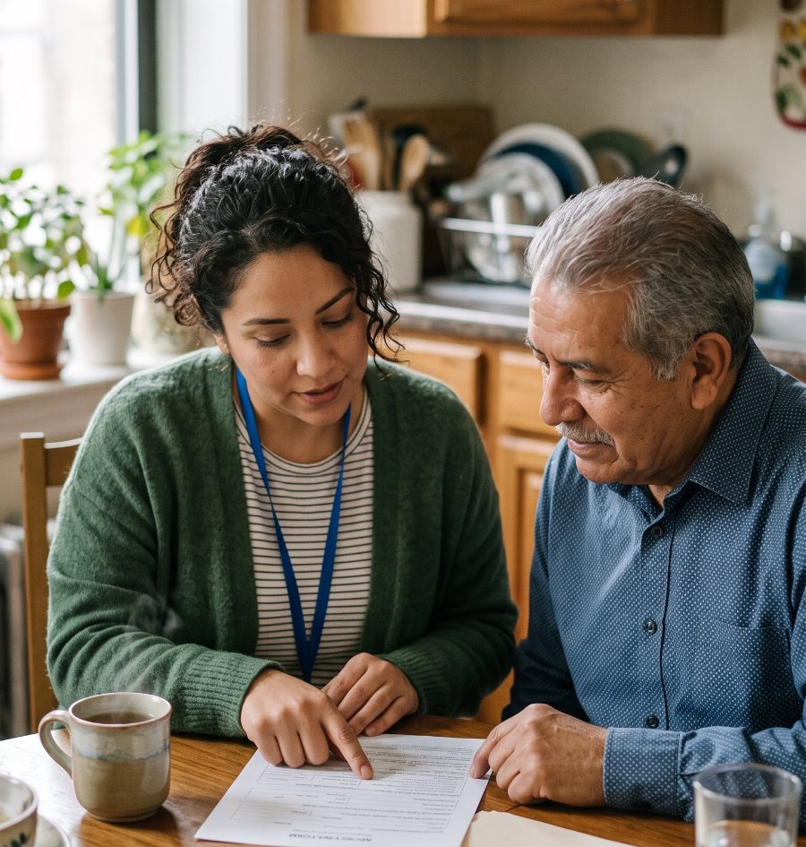 An HNScare navigator sitting at a kitchen table, walking an older man through a form