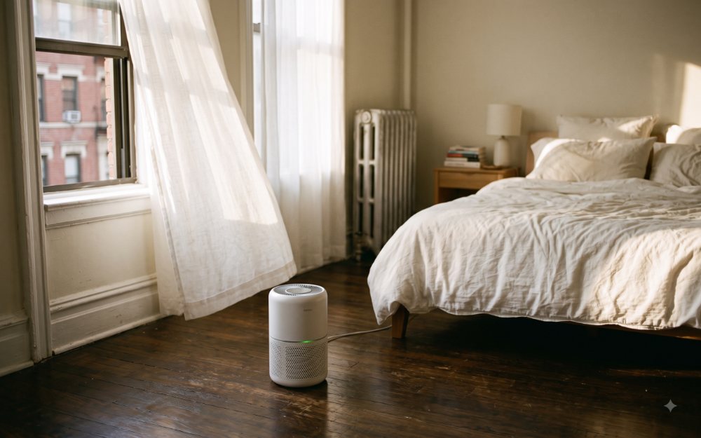 An air purifier running on the floor of a sunlit bedroom with a sheer curtain