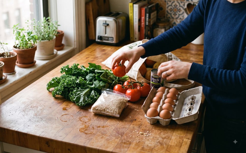 Fresh groceries — kale, spinach, tomatoes, rice, beans and eggs — being unpacked on a kitchen counter