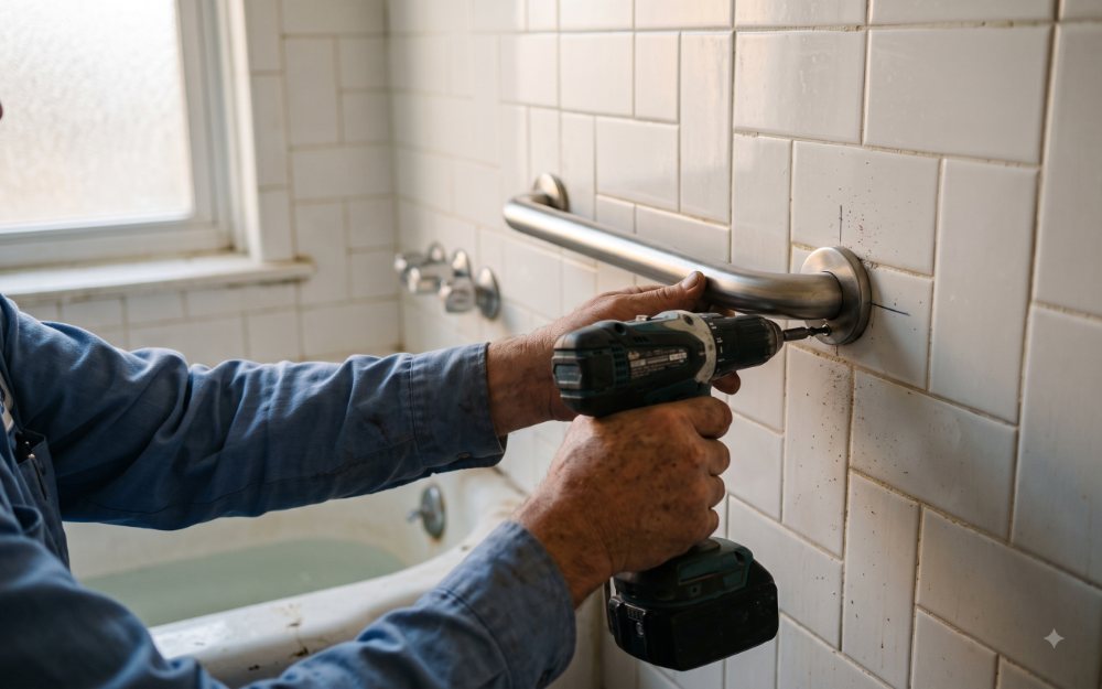 A worker installing a stainless steel grab bar beside a bathtub